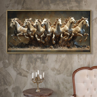 Seven Running Horses Wall Painting – Symbol of Prosperity, Success & Positive Energy | Premium Vastu Artwork for Home & Office Decor | Luxury Golden Floating  Frame HD Canvas Print ( 24 Inch x 48 Inch ) (VAWA63)