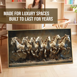 Seven Running Horses Wall Painting – Symbol of Prosperity, Success & Positive Energy | Premium Vastu Artwork for Home & Office Decor | Luxury Golden Floating  Frame HD Canvas Print ( 24 Inch x 48 Inch ) (VAWA63)