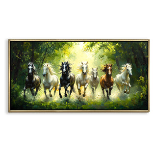 Seven Running Horses Wall Painting – Symbol of Prosperity, Success & Positive Energy | Premium Vastu Artwork for Home & Office Decor | Luxury Golden Floating  Frame HD Canvas Print ( 24 Inch x 48 Inch ) (VAWA64)