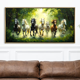 Seven Running Horses Wall Painting – Symbol of Prosperity, Success & Positive Energy | Premium Vastu Artwork for Home & Office Decor | Luxury Golden Floating  Frame HD Canvas Print ( 24 Inch x 48 Inch ) (VAWA64)