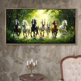 Seven Running Horses Wall Painting – Symbol of Prosperity, Success & Positive Energy | Premium Vastu Artwork for Home & Office Decor | Luxury Golden Floating  Frame HD Canvas Print ( 24 Inch x 48 Inch ) (VAWA64)