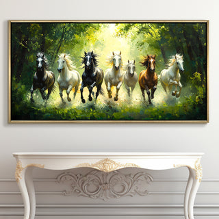 Seven Running Horses Wall Painting – Symbol of Prosperity, Success & Positive Energy | Premium Vastu Artwork for Home & Office Decor | Luxury Golden Floating  Frame HD Canvas Print ( 24 Inch x 48 Inch ) (VAWA64)