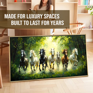 Seven Running Horses Wall Painting – Symbol of Prosperity, Success & Positive Energy | Premium Vastu Artwork for Home & Office Decor | Luxury Golden Floating  Frame HD Canvas Print ( 24 Inch x 48 Inch ) (VAWA64)