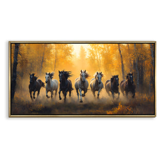 Seven Running Horses Wall Painting – Symbol of Prosperity, Success & Positive Energy | Premium Vastu Artwork for Home & Office Decor | Luxury Golden Floating  Frame HD Canvas Print ( 24 Inch x 48 Inch ) (VAWA65)