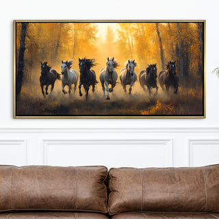 Seven Running Horses Wall Painting – Symbol of Prosperity, Success & Positive Energy | Premium Vastu Artwork for Home & Office Decor | Luxury Golden Floating  Frame HD Canvas Print ( 24 Inch x 48 Inch ) (VAWA65)