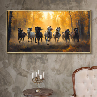 Seven Running Horses Wall Painting – Symbol of Prosperity, Success & Positive Energy | Premium Vastu Artwork for Home & Office Decor | Luxury Golden Floating  Frame HD Canvas Print ( 24 Inch x 48 Inch ) (VAWA65)