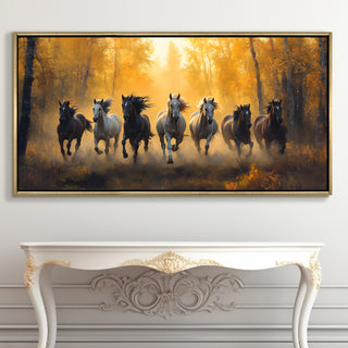 Seven Running Horses Wall Painting – Symbol of Prosperity, Success & Positive Energy | Premium Vastu Artwork for Home & Office Decor | Luxury Golden Floating  Frame HD Canvas Print ( 24 Inch x 48 Inch ) (VAWA65)