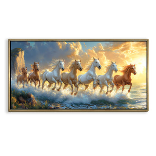 Seven Running Horses Wall Painting – Symbol of Prosperity, Success & Positive Energy | Premium Vastu Artwork for Home & Office Decor | Luxury Golden Floating  Frame HD Canvas Print ( 24 Inch x 48 Inch ) (VAWA66)