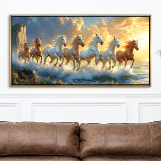 Seven Running Horses Wall Painting – Symbol of Prosperity, Success & Positive Energy | Premium Vastu Artwork for Home & Office Decor | Luxury Golden Floating  Frame HD Canvas Print ( 24 Inch x 48 Inch ) (VAWA66)