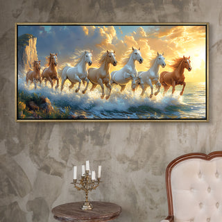 Seven Running Horses Wall Painting – Symbol of Prosperity, Success & Positive Energy | Premium Vastu Artwork for Home & Office Decor | Luxury Golden Floating  Frame HD Canvas Print ( 24 Inch x 48 Inch ) (VAWA66)