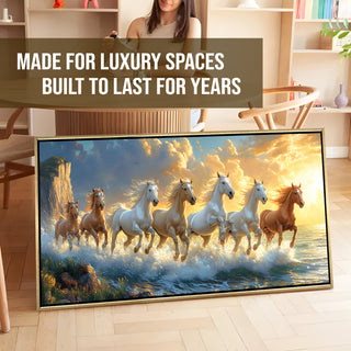 Seven Running Horses Wall Painting – Symbol of Prosperity, Success & Positive Energy | Premium Vastu Artwork for Home & Office Decor | Luxury Golden Floating  Frame HD Canvas Print ( 24 Inch x 48 Inch ) (VAWA66)