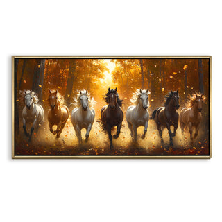 Seven Running Horses Wall Painting – Symbol of Prosperity, Success & Positive Energy | Premium Vastu Artwork for Home & Office Decor | Luxury Golden Floating  Frame HD Canvas Print ( 24 Inch x 48 Inch ) (VAWA67)