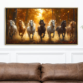 Seven Running Horses Wall Painting – Symbol of Prosperity, Success & Positive Energy | Premium Vastu Artwork for Home & Office Decor | Luxury Golden Floating  Frame HD Canvas Print ( 24 Inch x 48 Inch ) (VAWA67)