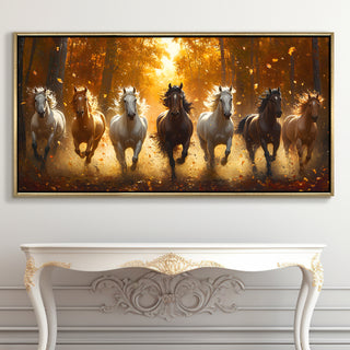 Seven Running Horses Wall Painting – Symbol of Prosperity, Success & Positive Energy | Premium Vastu Artwork for Home & Office Decor | Luxury Golden Floating  Frame HD Canvas Print ( 24 Inch x 48 Inch ) (VAWA67)