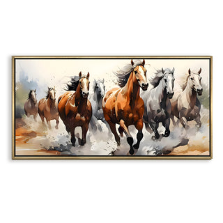 Seven Running Horses Wall Painting – Symbol of Prosperity, Success & Positive Energy | Premium Vastu Artwork for Home & Office Decor | Luxury Golden Floating  Frame HD Canvas Print ( 24 Inch x 48 Inch ) (VAWA53)
