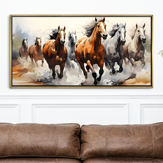 Seven Running Horses Wall Painting – Symbol of Prosperity, Success & Positive Energy | Premium Vastu Artwork for Home & Office Decor | Luxury Golden Floating  Frame HD Canvas Print ( 24 Inch x 48 Inch ) (VAWA53)