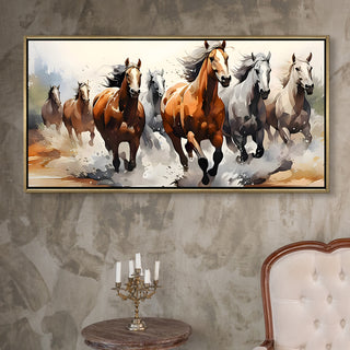 Seven Running Horses Wall Painting – Symbol of Prosperity, Success & Positive Energy | Premium Vastu Artwork for Home & Office Decor | Luxury Golden Floating  Frame HD Canvas Print ( 24 Inch x 48 Inch ) (VAWA53)