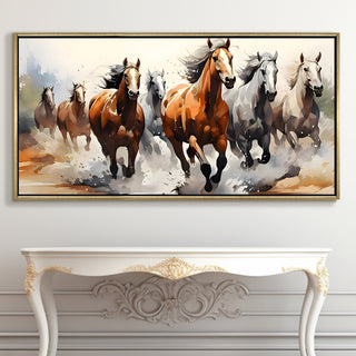Seven Running Horses Wall Painting – Symbol of Prosperity, Success & Positive Energy | Premium Vastu Artwork for Home & Office Decor | Luxury Golden Floating  Frame HD Canvas Print ( 24 Inch x 48 Inch ) (VAWA53)