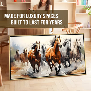 Seven Running Horses Wall Painting – Symbol of Prosperity, Success & Positive Energy | Premium Vastu Artwork for Home & Office Decor | Luxury Golden Floating  Frame HD Canvas Print ( 24 Inch x 48 Inch ) (VAWA53)