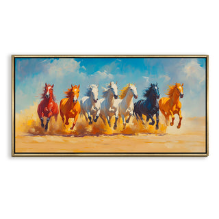 Seven Running Horses Wall Painting – Symbol of Prosperity, Success & Positive Energy | Premium Vastu Artwork for Home & Office Decor | Luxury Golden Floating  Frame HD Canvas Print ( 24 Inch x 48 Inch ) (VAWA54)