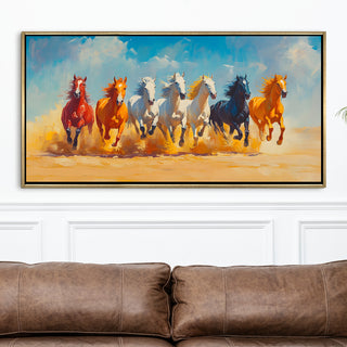 Seven Running Horses Wall Painting – Symbol of Prosperity, Success & Positive Energy | Premium Vastu Artwork for Home & Office Decor | Luxury Golden Floating  Frame HD Canvas Print ( 24 Inch x 48 Inch ) (VAWA54)
