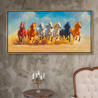 Seven Running Horses Wall Painting – Symbol of Prosperity, Success & Positive Energy | Premium Vastu Artwork for Home & Office Decor | Luxury Golden Floating  Frame HD Canvas Print ( 24 Inch x 48 Inch ) (VAWA54)