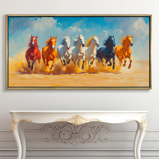 Seven Running Horses Wall Painting – Symbol of Prosperity, Success & Positive Energy | Premium Vastu Artwork for Home & Office Decor | Luxury Golden Floating  Frame HD Canvas Print ( 24 Inch x 48 Inch ) (VAWA54)