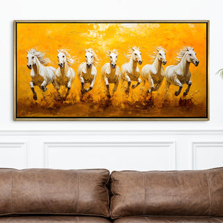 Seven Running Horses Wall Painting – Symbol of Prosperity, Success & Positive Energy | Premium Vastu Artwork for Home & Office Decor | Luxury Golden Floating  Frame HD Canvas Print ( 24 Inch x 48 Inch ) (VAWA55)
