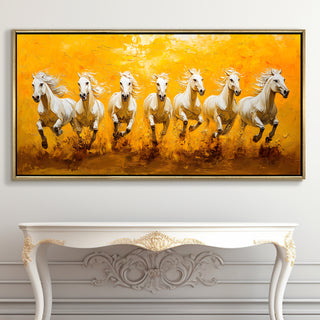 Seven Running Horses Wall Painting – Symbol of Prosperity, Success & Positive Energy | Premium Vastu Artwork for Home & Office Decor | Luxury Golden Floating  Frame HD Canvas Print ( 24 Inch x 48 Inch ) (VAWA55)