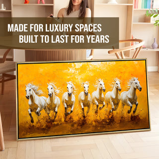 Seven Running Horses Wall Painting – Symbol of Prosperity, Success & Positive Energy | Premium Vastu Artwork for Home & Office Decor | Luxury Golden Floating  Frame HD Canvas Print ( 24 Inch x 48 Inch ) (VAWA55)