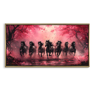 Seven Running Horses Wall Painting – Symbol of Prosperity, Success & Positive Energy | Premium Vastu Artwork for Home & Office Decor | Luxury Golden Floating  Frame HD Canvas Print ( 24 Inch x 48 Inch ) (VAWA56)