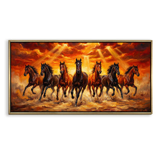 Seven Running Horses Wall Painting – Symbol of Prosperity, Success & Positive Energy | Premium Vastu Artwork for Home & Office Decor | Luxury Golden Floating  Frame HD Canvas Print ( 24 Inch x 48 Inch ) (VAWA57)