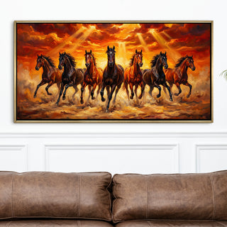 Seven Running Horses Wall Painting – Symbol of Prosperity, Success & Positive Energy | Premium Vastu Artwork for Home & Office Decor | Luxury Golden Floating  Frame HD Canvas Print ( 24 Inch x 48 Inch ) (VAWA57)