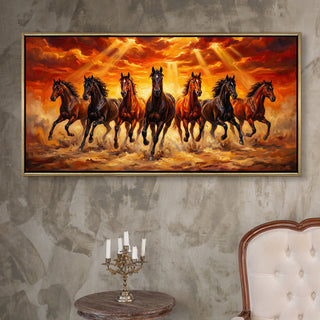 Seven Running Horses Wall Painting – Symbol of Prosperity, Success & Positive Energy | Premium Vastu Artwork for Home & Office Decor | Luxury Golden Floating  Frame HD Canvas Print ( 24 Inch x 48 Inch ) (VAWA57)