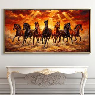 Seven Running Horses Wall Painting – Symbol of Prosperity, Success & Positive Energy | Premium Vastu Artwork for Home & Office Decor | Luxury Golden Floating  Frame HD Canvas Print ( 24 Inch x 48 Inch ) (VAWA57)