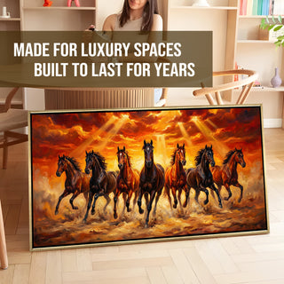 Seven Running Horses Wall Painting – Symbol of Prosperity, Success & Positive Energy | Premium Vastu Artwork for Home & Office Decor | Luxury Golden Floating  Frame HD Canvas Print ( 24 Inch x 48 Inch ) (VAWA57)