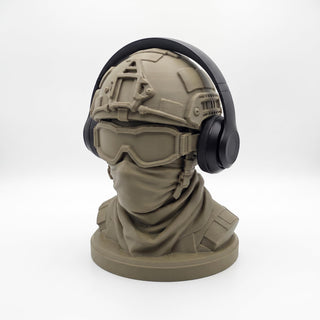 Soldier bust headphone stand holding headphones