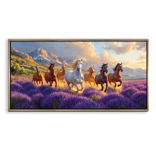 Seven Running Horses Wall Painting – Symbol of Prosperity, Success & Positive Energy | Premium Vastu Artwork for Home & Office Decor | Luxury Golden Floating  Frame HD Canvas Print ( 24 Inch x 48 Inch ) (VAWA58)