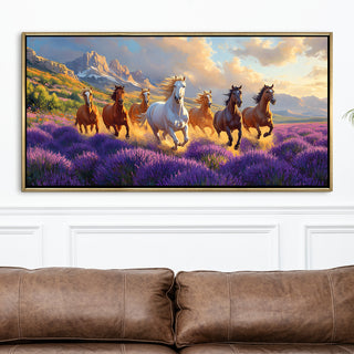 Seven Running Horses Wall Painting – Symbol of Prosperity, Success & Positive Energy | Premium Vastu Artwork for Home & Office Decor | Luxury Golden Floating  Frame HD Canvas Print ( 24 Inch x 48 Inch ) (VAWA58)