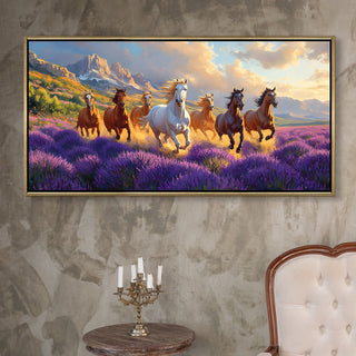 Seven Running Horses Wall Painting – Symbol of Prosperity, Success & Positive Energy | Premium Vastu Artwork for Home & Office Decor | Luxury Golden Floating  Frame HD Canvas Print ( 24 Inch x 48 Inch ) (VAWA58)