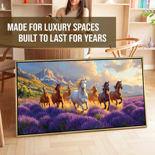Seven Running Horses Wall Painting – Symbol of Prosperity, Success & Positive Energy | Premium Vastu Artwork for Home & Office Decor | Luxury Golden Floating  Frame HD Canvas Print ( 24 Inch x 48 Inch ) (VAWA58)