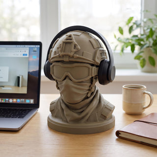 Soldier headphone stand in a gaming setup