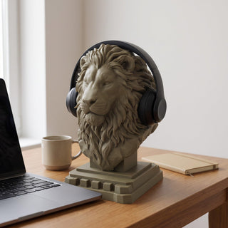 Regal Lion headphone stand in a gaming setup