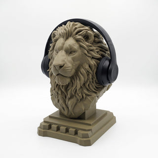 Regal Lion headphone stand holding headphones on a desk