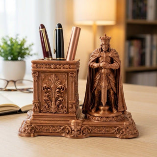 Royal King pen stand on a desk beside a lamp, book and plant
