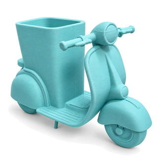 Retro scooter pencil holder showing sculpted seat, mudguards and handlebars