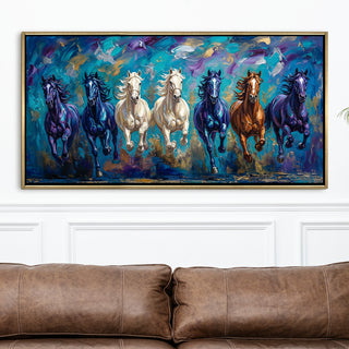 Seven Running Horses Wall Painting – Symbol of Prosperity, Success & Positive Energy | Premium Vastu Artwork for Home & Office Decor | Luxury Golden Floating  Frame HD Canvas Print ( 24 Inch x 48 Inch ) (VAWA59)