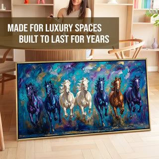 Seven Running Horses Wall Painting – Symbol of Prosperity, Success & Positive Energy | Premium Vastu Artwork for Home & Office Decor | Luxury Golden Floating  Frame HD Canvas Print ( 24 Inch x 48 Inch ) (VAWA59)