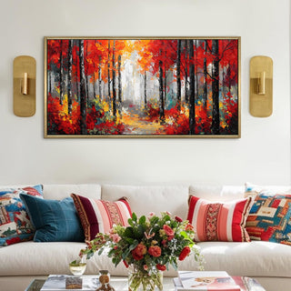 Vibrant Autumn Forest with Bold Brushstrokes Wall Art, HD Canvas Print, Golden Floater Framed, Ready to Hang, (24 In x 48 In) (VNG-WA-13-B)