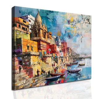 Ethnic Traditional Indian Varanasi Ganga Ghat Banaras Wall Art Canvas Painting For Home Decor - Khirki.in 